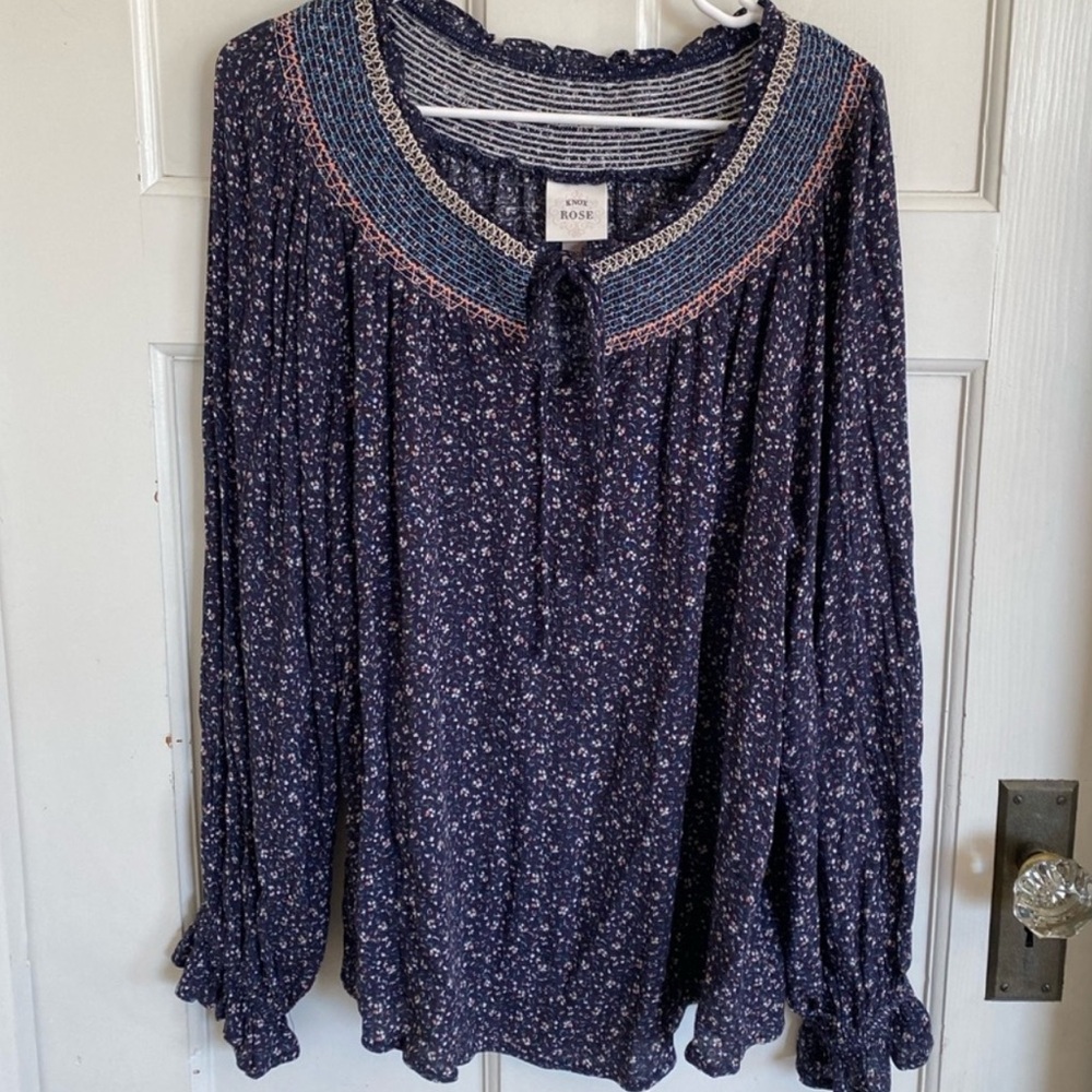 Knox Rose navy blue floral print embroidered collar blouse - XXL